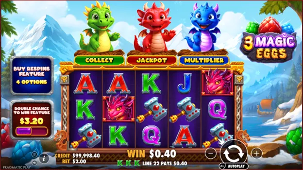 3 Magic Eggs slot by Pragmatic Play featuring magical forest setting and three glowing bonus eggs