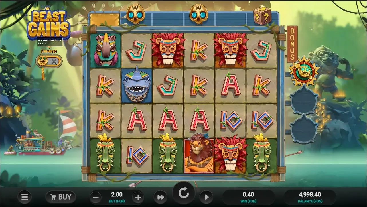 Beast Gains slot gameplay: jungle gym theme, 6x4 grid, and animal symbols.