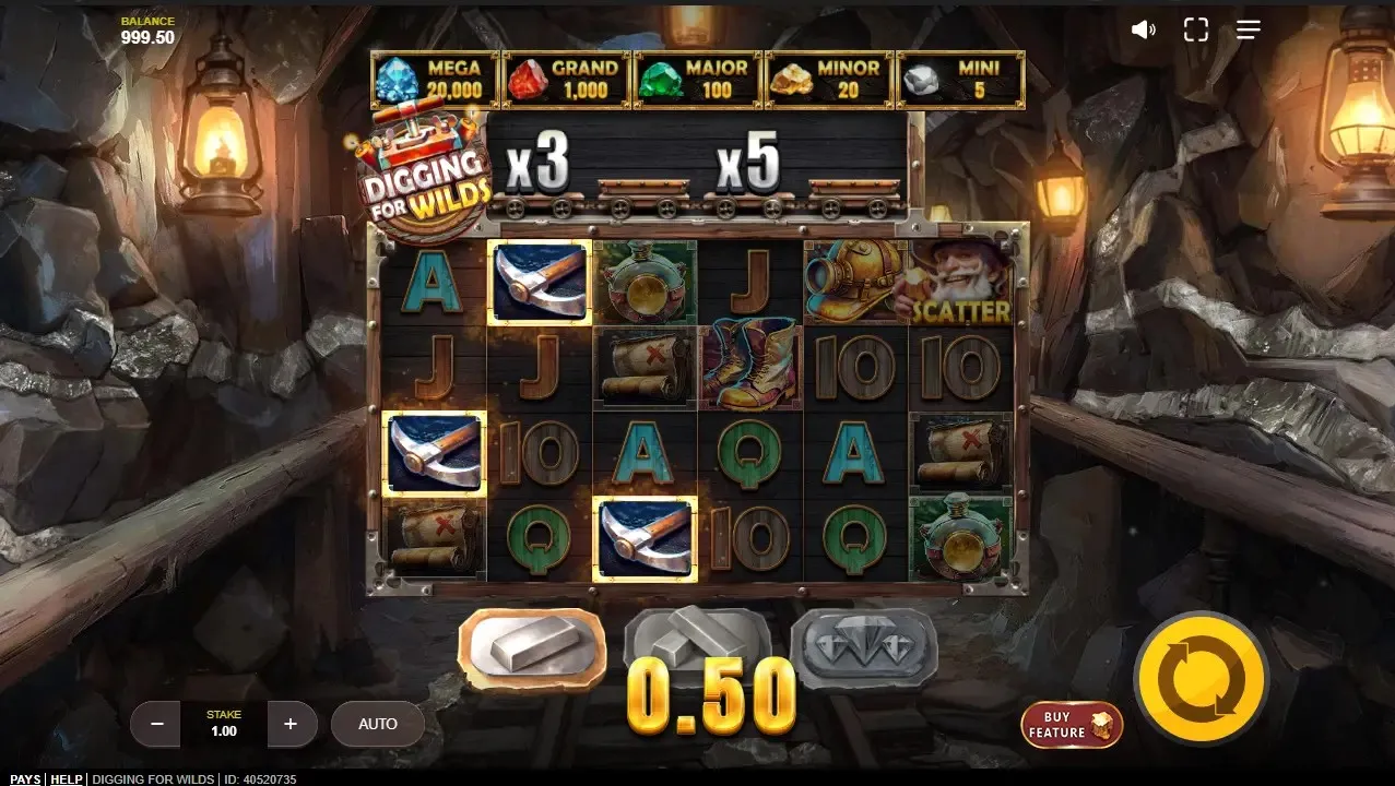 Digging for Wilds slot interface: mine theme, 6x4 grid, and bonus carts on rails.