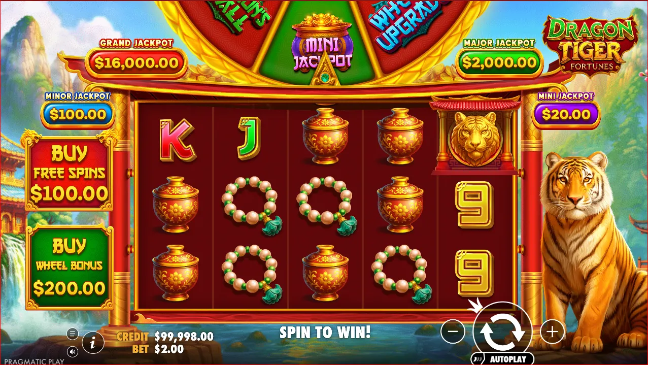 Dragon Tiger Fortunes slot display by Pragmatic Play with classic Asian aesthetics, gold accents, and the central dragon and tiger motifs.