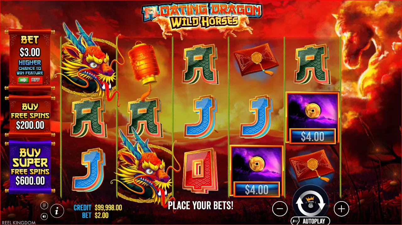 Floating Dragon Wild Horses slot by Pragmatic Play displaying vibrant Oriental imagery, dragon motifs, and wild horse symbols on a fiery background.