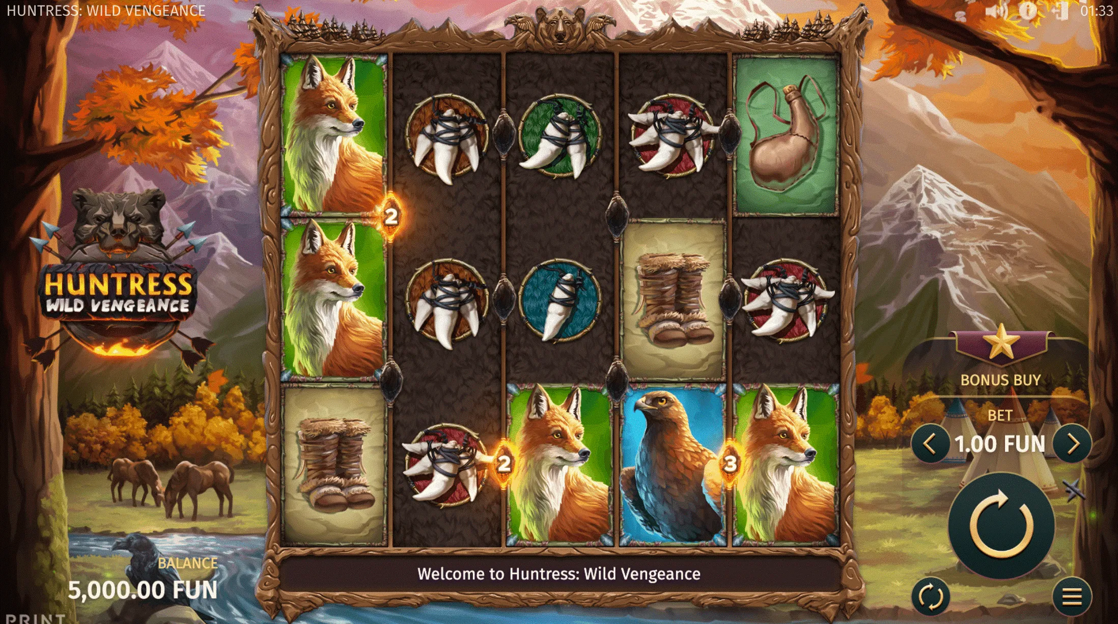Huntress: Wild Vengeance slot game set in a North American forest with wild animal symbols