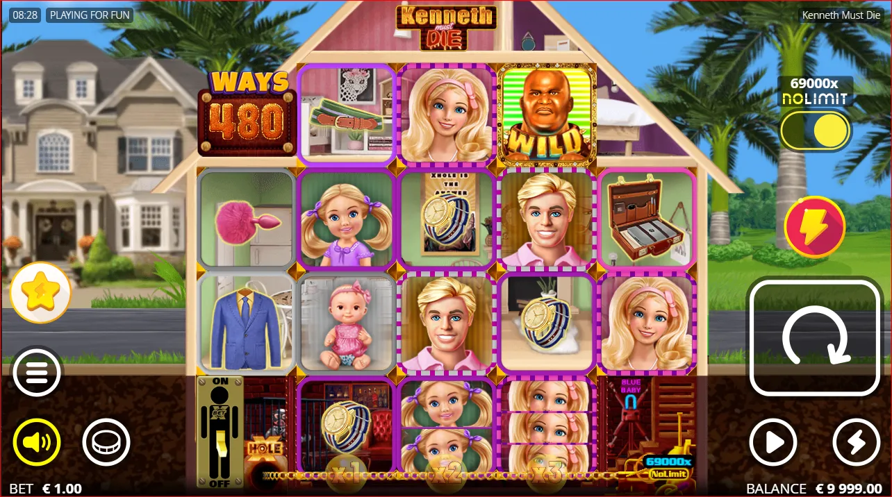 Kenneth Must Die slot interface by Nolimit City featuring a satirical dollhouse theme