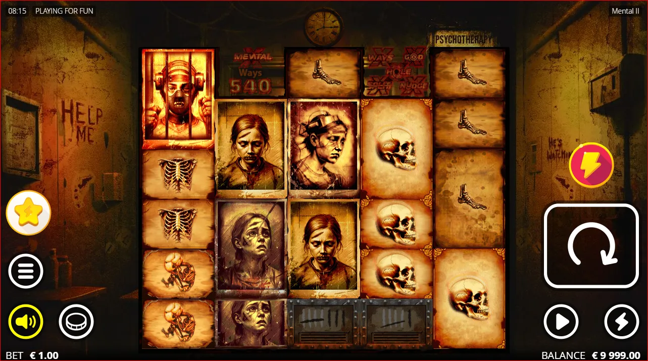 Dark and gritty interface of the Mental II horror slot by Nolimit City with medical symbols