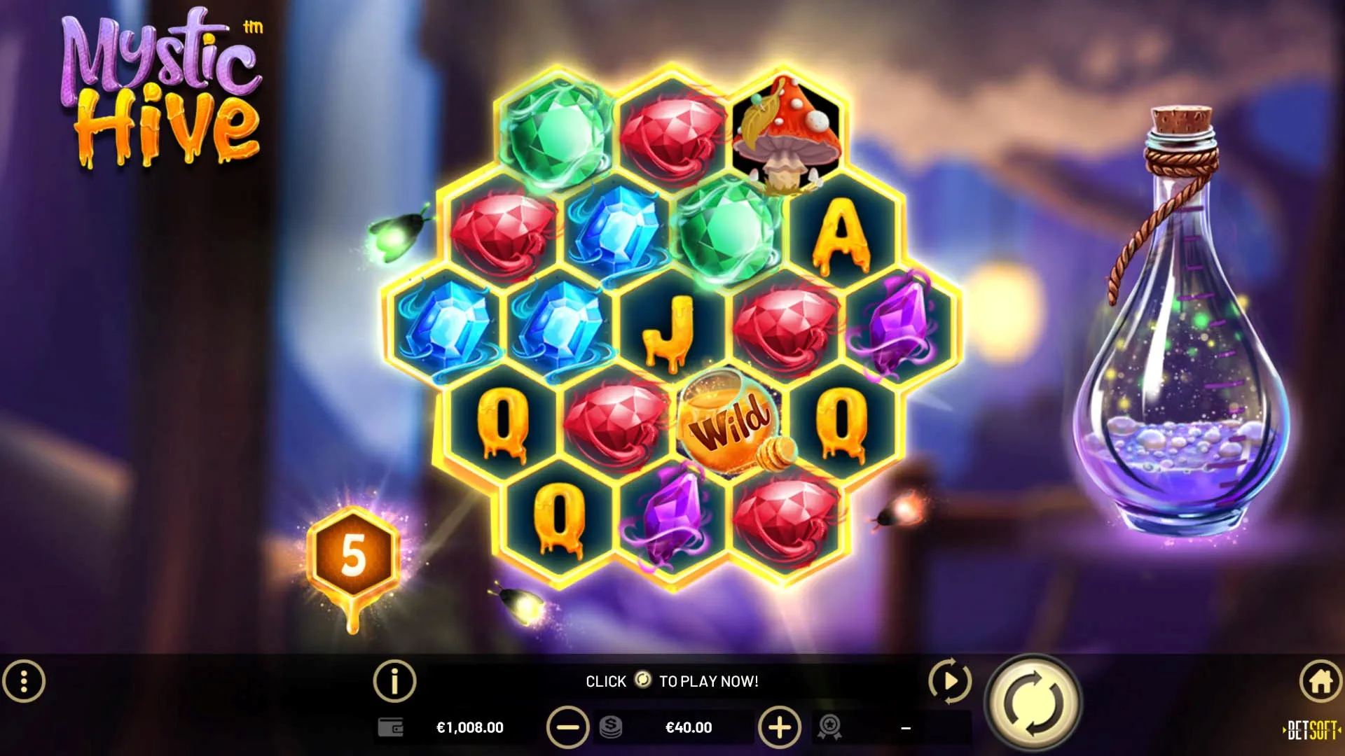 Mystic Hive 3D slot by Betsoft with a hexagonal grid and glowing magical nectar symbols