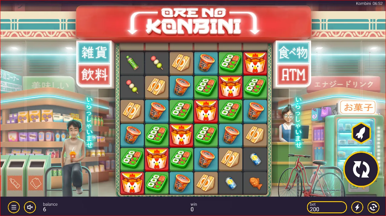 Ore No Konbini slot visual by Peter & Sons styled as a cozy Japanese convenience store with bright snack and drink symbols.