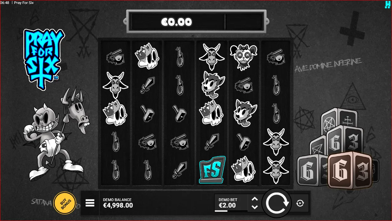 Pray for Six slot interface by Hacksaw Gaming featuring dark fantasy visuals, ritualistic symbols on the reels, and a gloomy monochrome aesthetic.