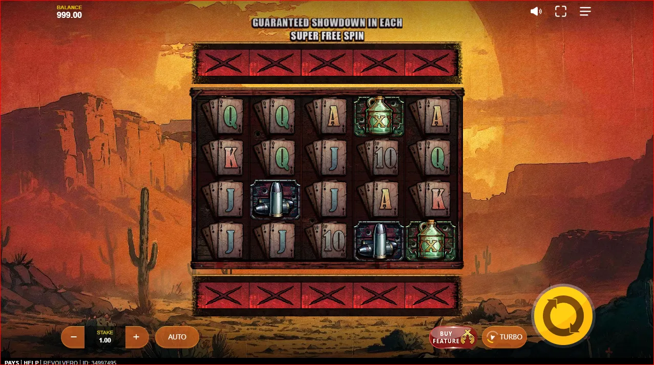 Revolvero Western-themed slot interface by Red Tiger Gaming featuring a dusty Wild West town backdrop and card-based duel symbols.