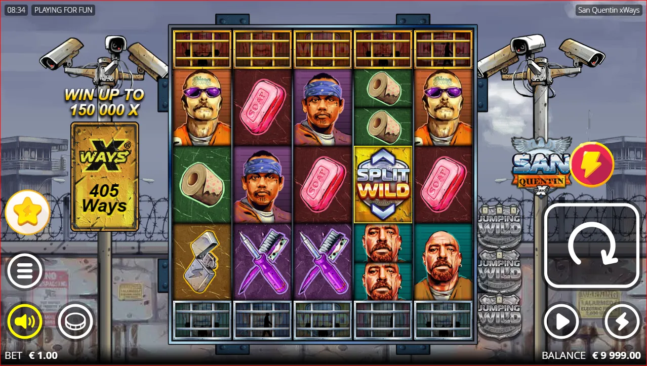 San Quentin xWays slot by Nolimit City with a prison theme, barbed wire, and inmate characters