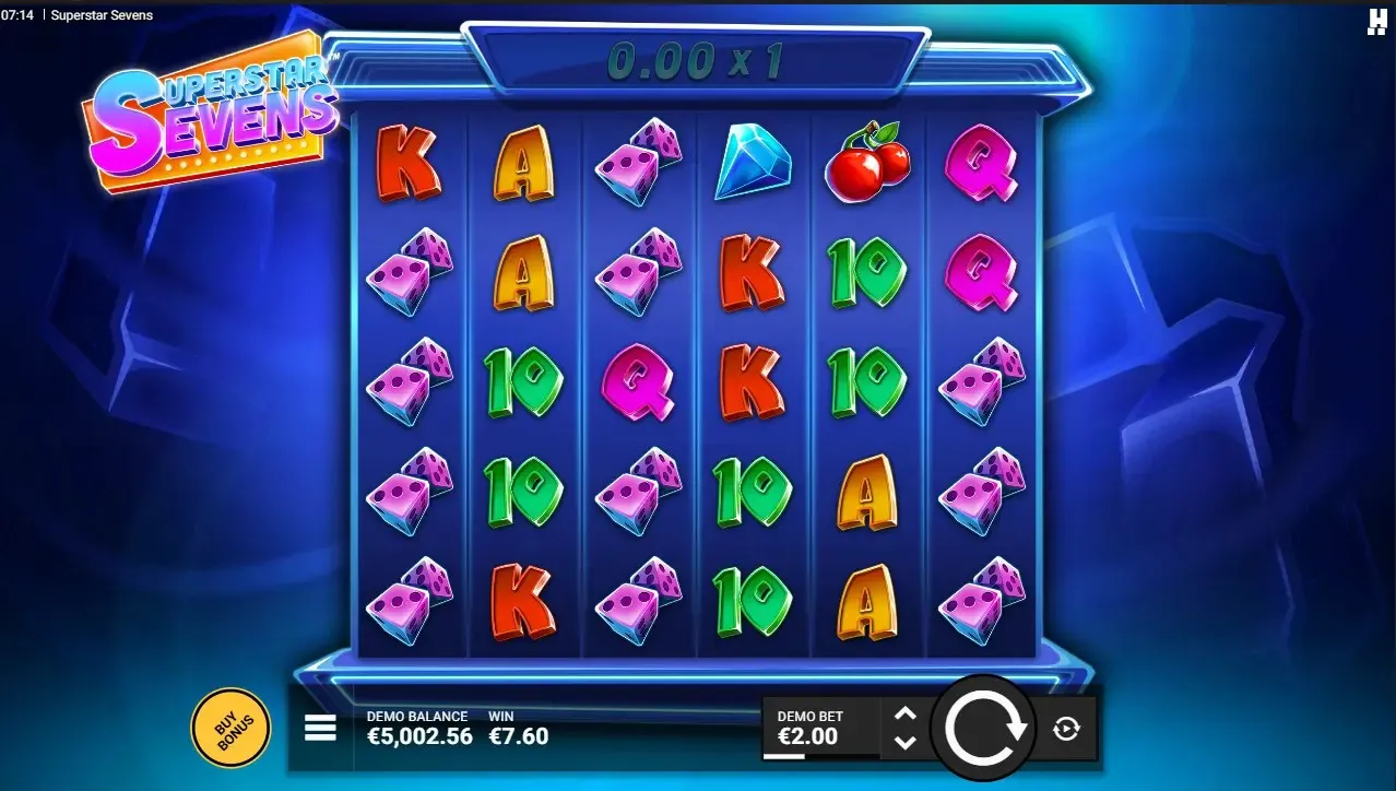 Superstar Sevens slot gameplay: neon classic style, blue background, and dice symbols.