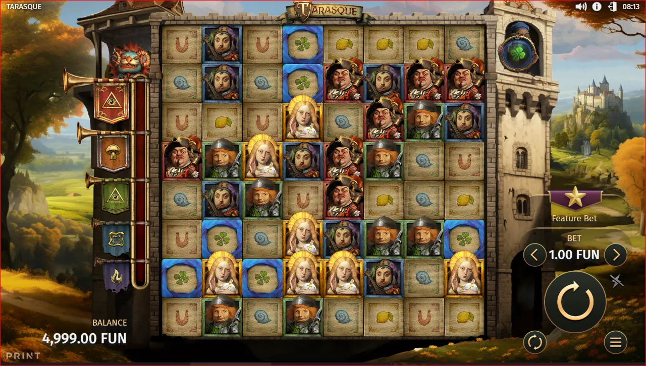 Tarasque online slot by Print Studios featuring a medieval castle background and an 8x8 cluster grid