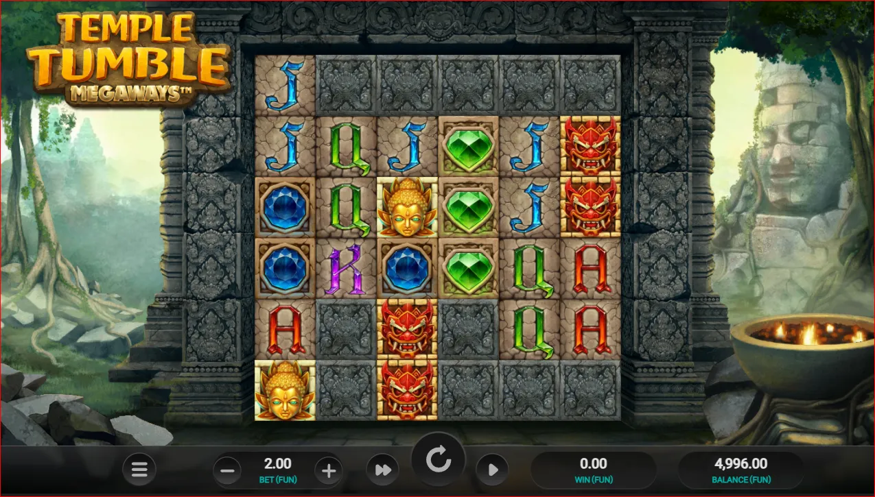 Temple Tumble Megaways slot game set in ancient jungle ruins with falling stone blocks