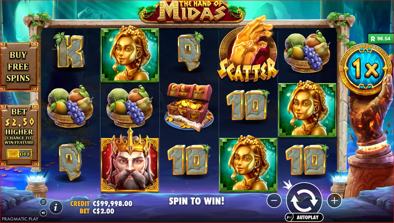 The Hand of Midas slot by Pragmatic Play featuring a golden hand multiplier and treasure chests