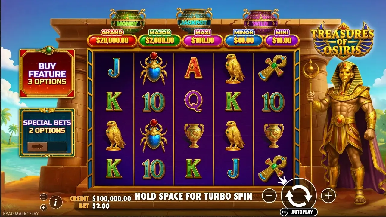 Treasures of Osiris slot screen: Egyptian theme, 5x4 grid, and golden Osiris figure.