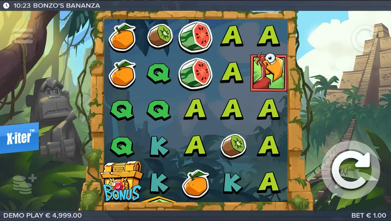 Bonzo's Bananza slot game by ELK Studios featuring a cartoon monkey and fruit symbols in a tropical jungle setting.