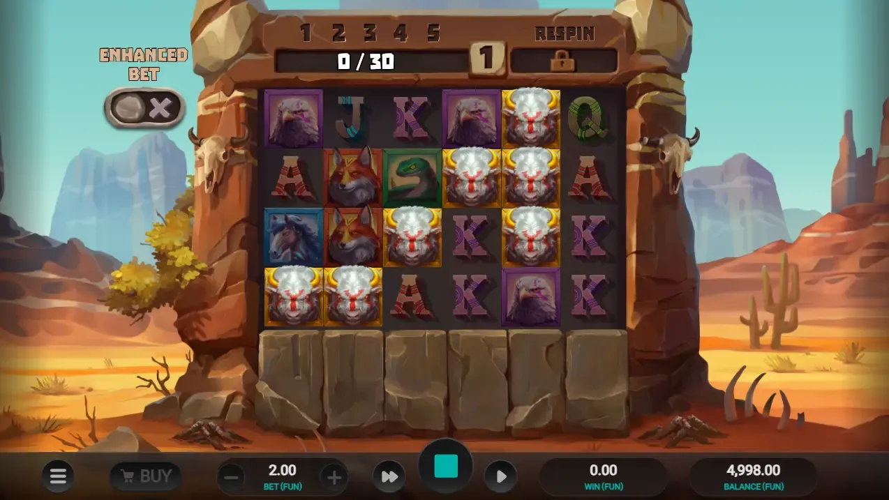 Celestial Buffalo slot game by Relax Gaming showing buffalo, wolf, and eagle symbols on a Wild West landscape.