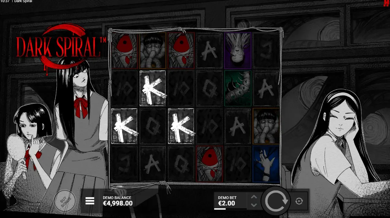 Dark Spiral slot by Hacksaw Gaming featuring horror-themed anime characters and dark symbols with a spiral motif.