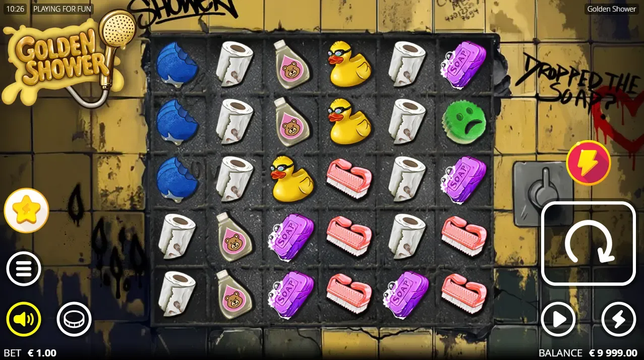 Golden Shower slot interface by Nolimit City with soap and rubber duck symbols set against a public shower background.