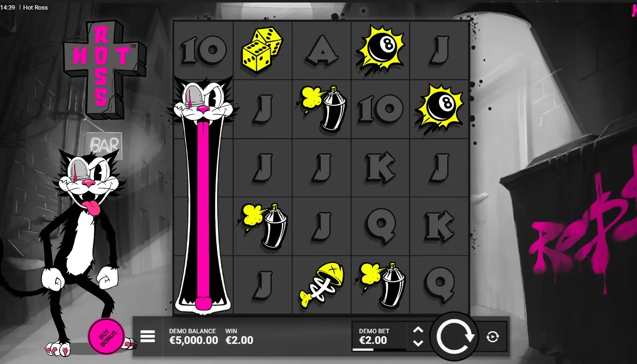 Hot Ross slot by Hacksaw Gaming with bold cartoon-style symbols and minimalistic reel design