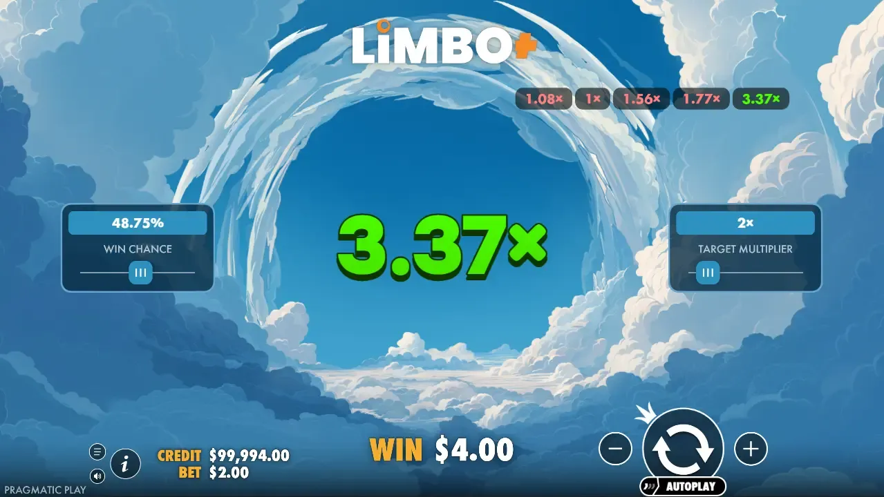 Limbo+ arcade game by Pragmatic Play featuring a large multiplier number against a blue sky and clouds background.