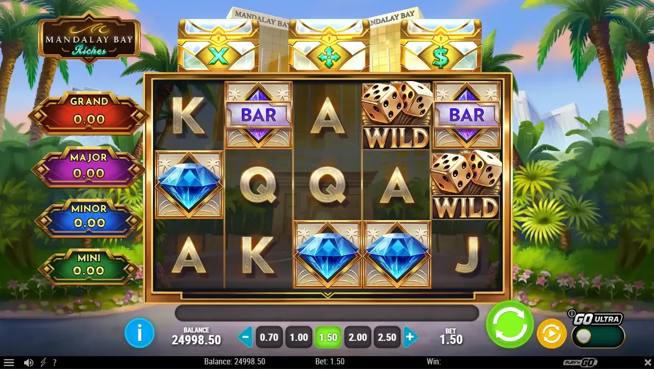 Mandalay Bay Riches online slot by Play'n GO featuring luxury symbols and a sunny tropical resort background