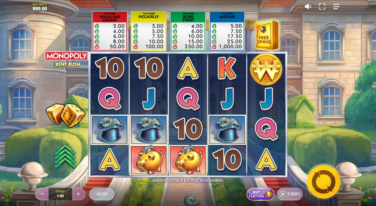 Monopoly Rent Rush slot by Red Tiger Gaming showing Mr. Monopoly, property cards, houses and hotels on the reels