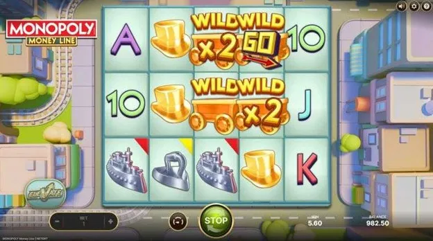 Monopoly Money Line slot by NetEnt showing Monopoly characters, money symbols and multiplier-based gameplay