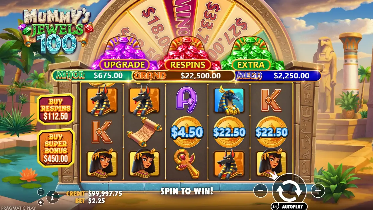Mummy's Jewels 100 slot by Pragmatic Play displaying Egyptian gods and golden artifacts on a 5×5 grid