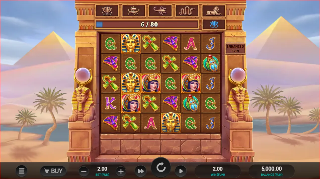 Pharaoh's Last Wish slot by Relax Gaming showing expanding grid, cluster symbols and ancient Egyptian treasure theme