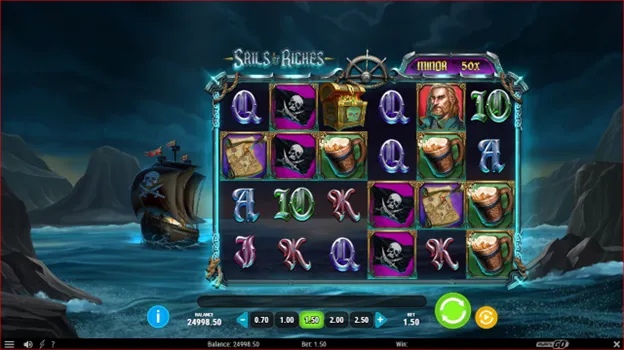 Sails of Riches slot by Play'n GO with pirate ship, treasure symbols and classic free spins bonus style