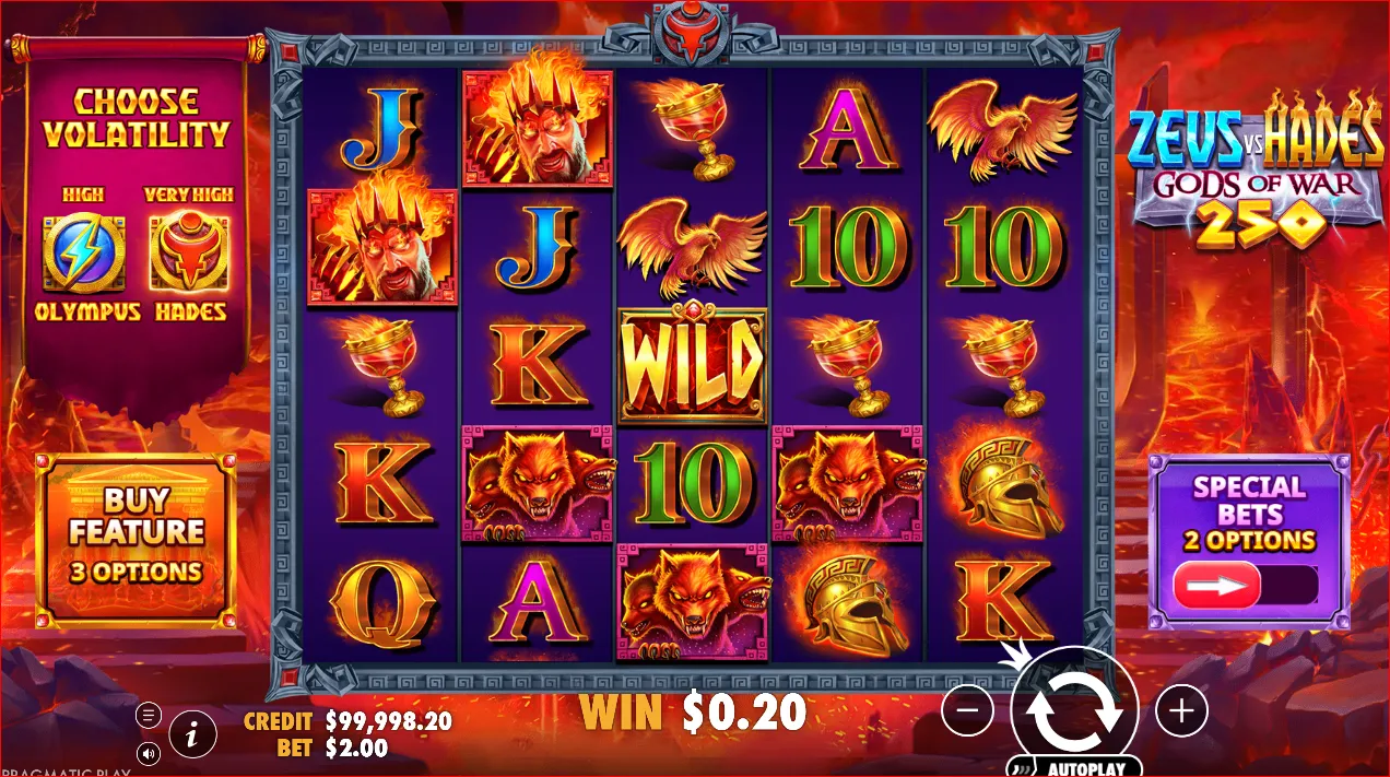 Zeus vs Hades Gods of War 250 slot by Pragmatic Play depicting mythological battle, lightning and fire effects