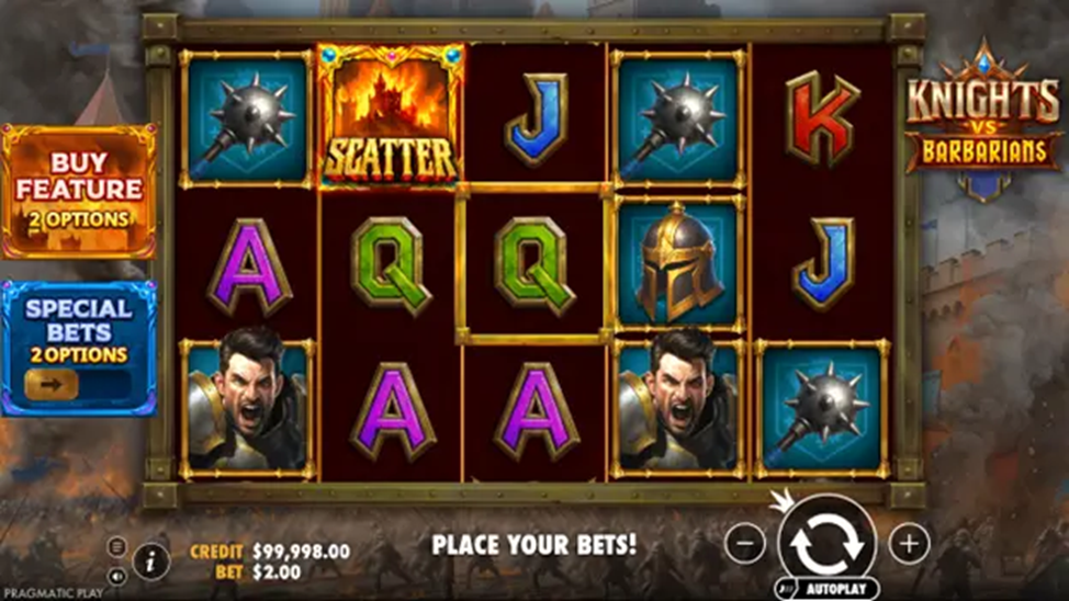 Knights vs Barbarians slot by Pragmatic Play depicting a medieval battle between knights and barbarians