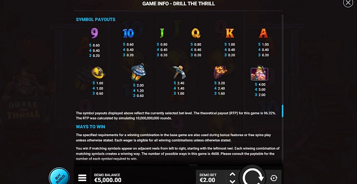 Settings: RTP, game rules, stakes and info panel.