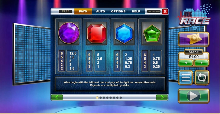 Settings: RTP, game rules, stakes and info panel.