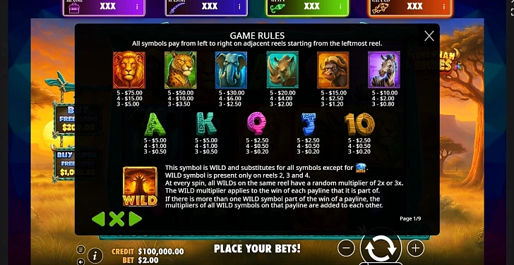 Settings: RTP, game rules, stakes and info panel.
