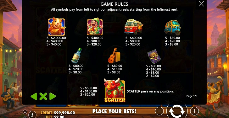 Settings: RTP, game rules, stakes and info panel.
