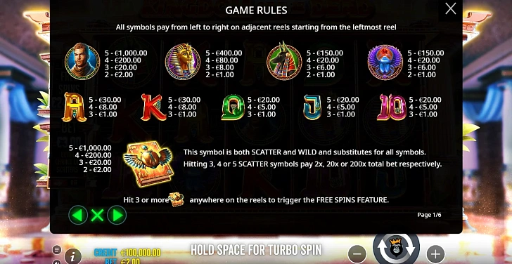 Settings: RTP, game rules, stakes and info panel.