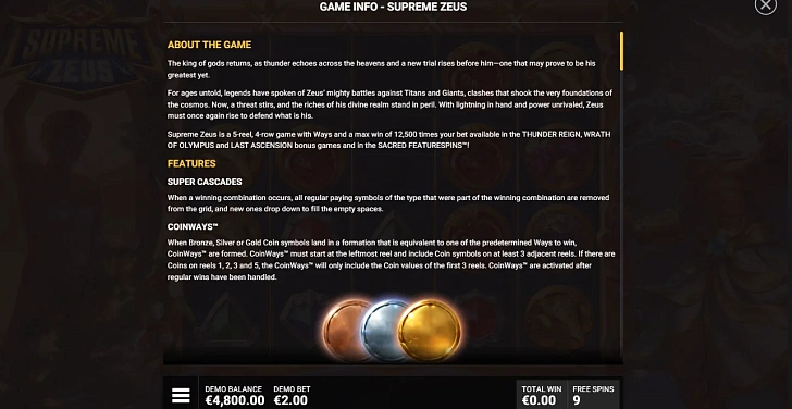 Settings: RTP, game rules, stakes and info panel.