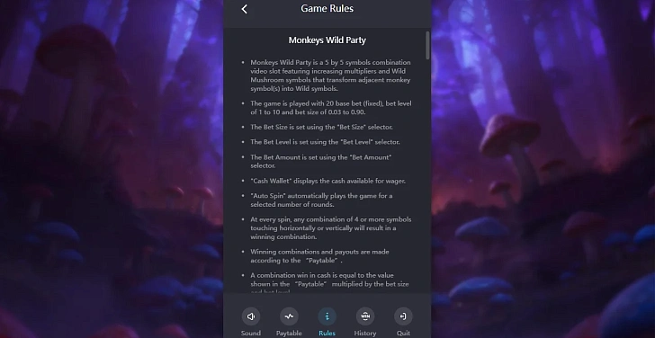 Settings: RTP, game rules, stakes and info panel.