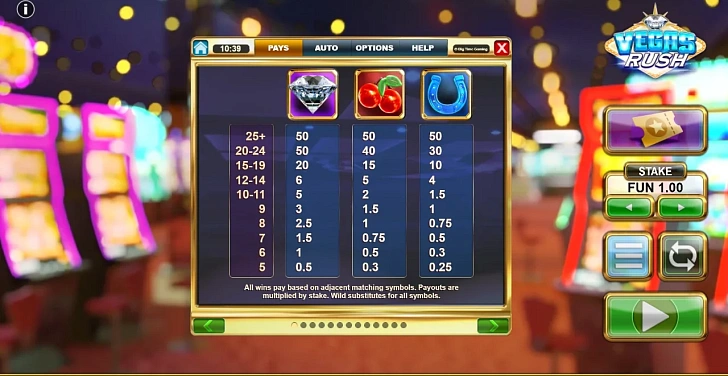 Settings: RTP, game rules, stakes and info panel.