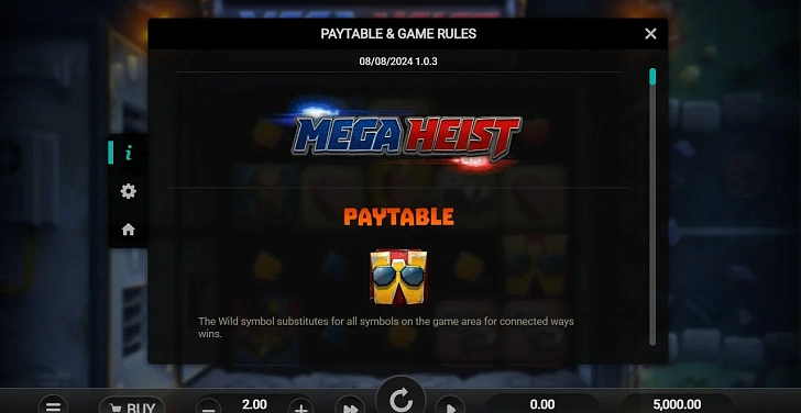 Settings: RTP, game rules, stakes and info panel.