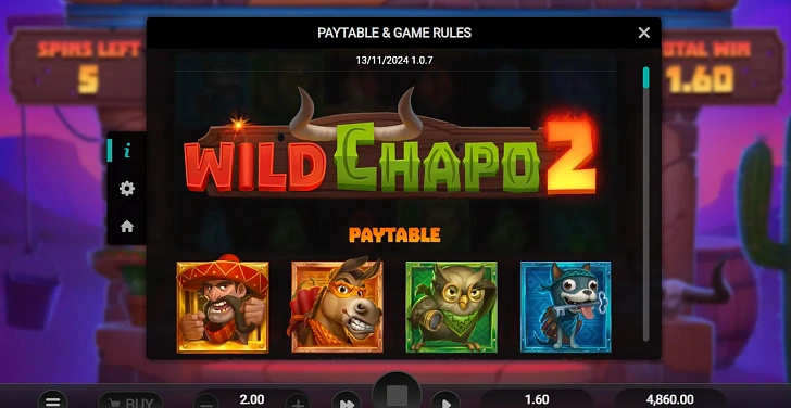 Settings: RTP, game rules, stakes and info panel.