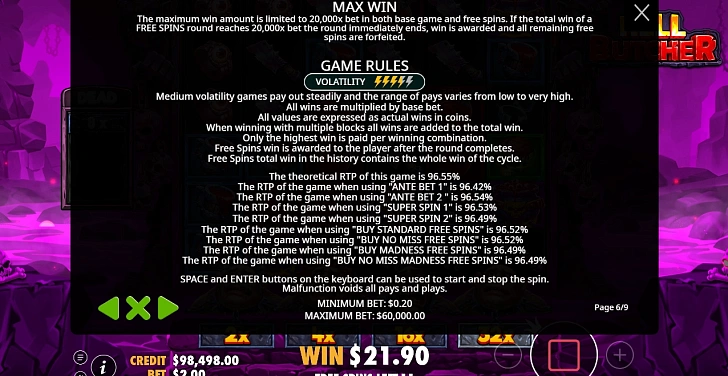 Settings: RTP, game rules, stakes and info panel.