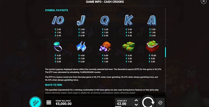 Settings: RTP, game rules, stakes and info panel.
