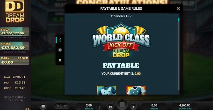 Settings: RTP, game rules, stakes and info panel.