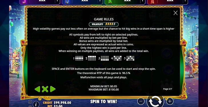Settings: RTP, game rules, stakes and info panel.