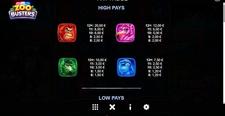 Settings: RTP, game rules, stakes and info panel.