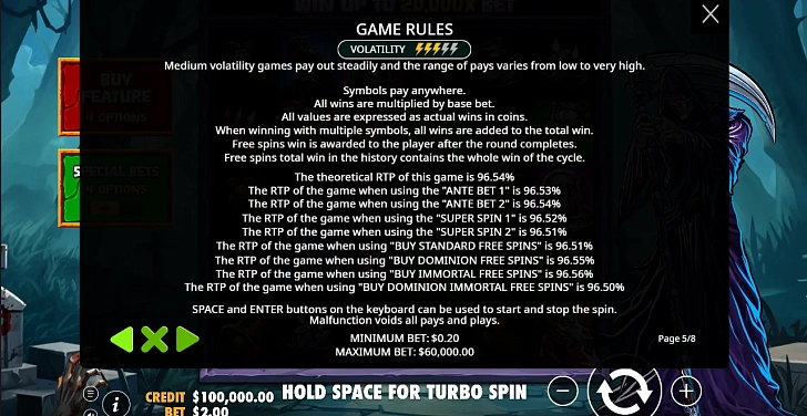 Settings: RTP, game rules, stakes and info panel.