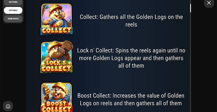 Settings: RTP, game rules, stakes and info panel.