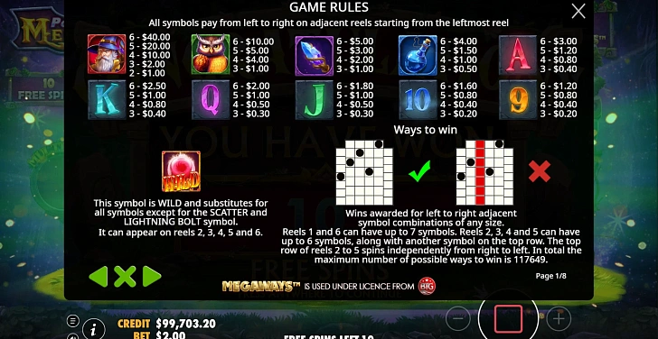 Settings: RTP, game rules, stakes and info panel.